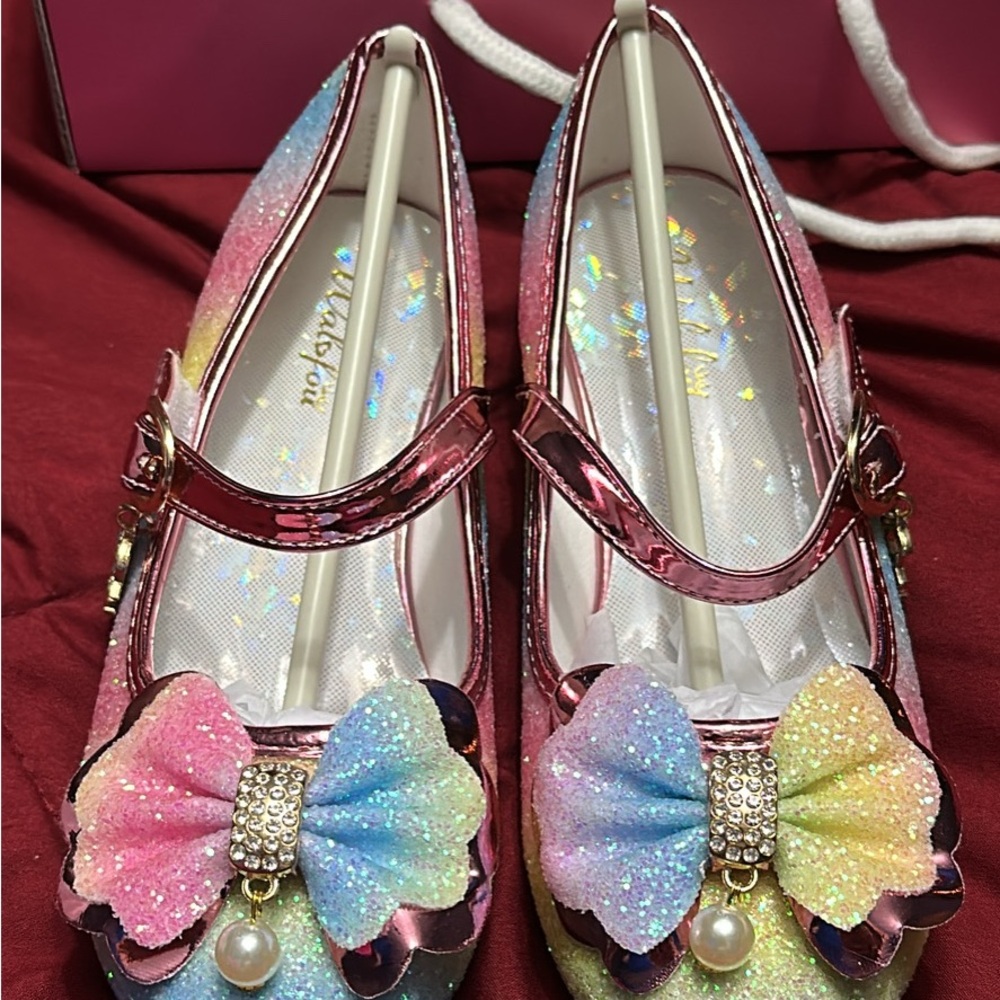 Girls Rainbow Glitter Kids Dress Shoes with Bow